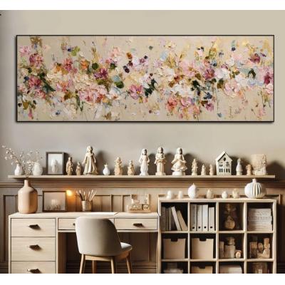 大型全景金箔花卉纹理墙画粉色花卉油画客厅墙面装饰画，现代抽象花卉帆布装饰画 卧室油画